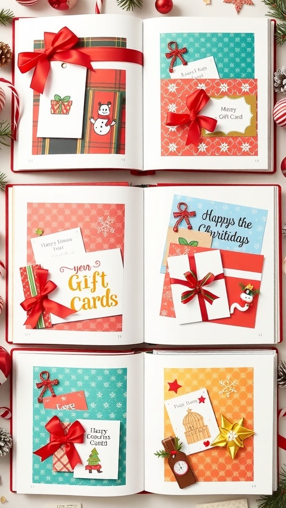 Creative Christmas Gift Card Book Ideas A creative gift card book with themed sections for dining, entertainment, shopping, and wellness, displayed with holiday decorations.